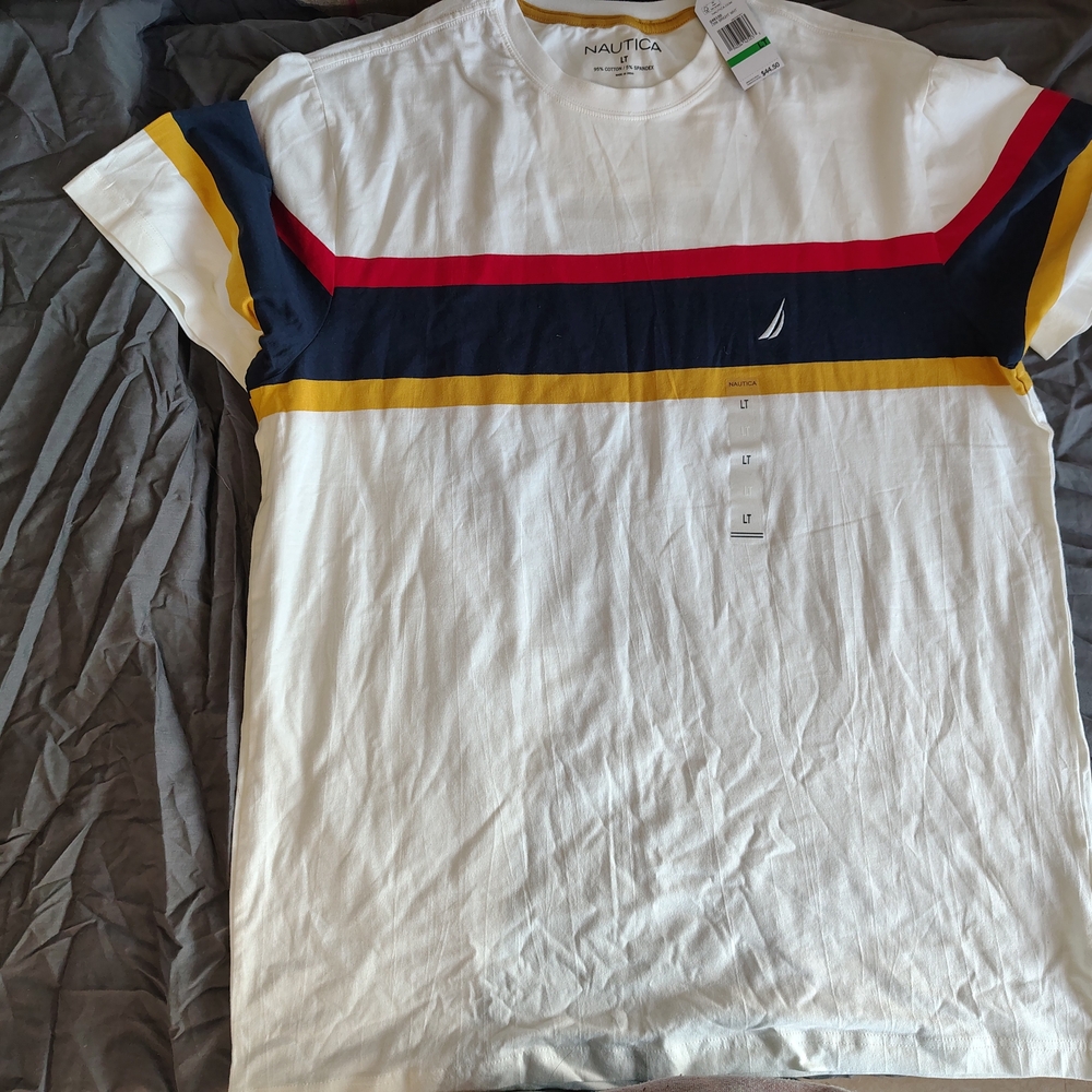 Nautica Men's Tee with Red, Yellow, and Blue Stripes